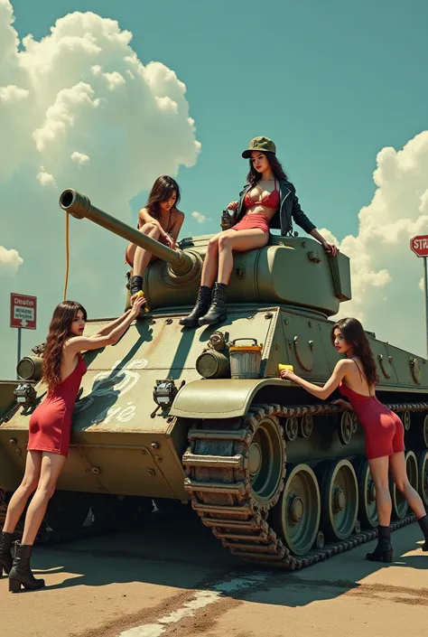 Four beautiful women are cleaning a huge worn-out military tank covered in oil stains. They are scattered around the machine: A woman is lying on top of the tank, Another is leaning forward cleaning one of the stains, while two more stand on the sides, wor...