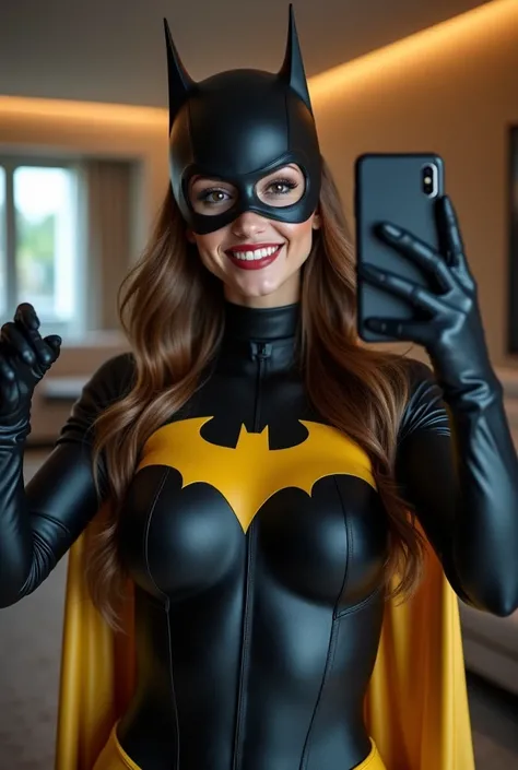 A stunningly beautiful Batgirl taking a selfie in her apartment. She has striking facial features, with a confident smile and expressive eyes. The background shows a modern and stylish apartment with subtle, cinematic lighting that enhances her features. S...