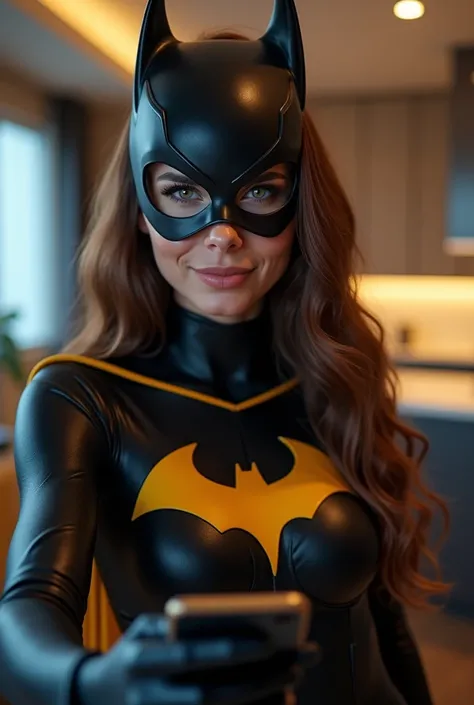 A stunningly beautiful Batgirl taking a selfie in her apartment. She has striking facial features, with a confident smile and expressive eyes. The background shows a modern and stylish apartment with subtle, cinematic lighting that enhances her features. S...