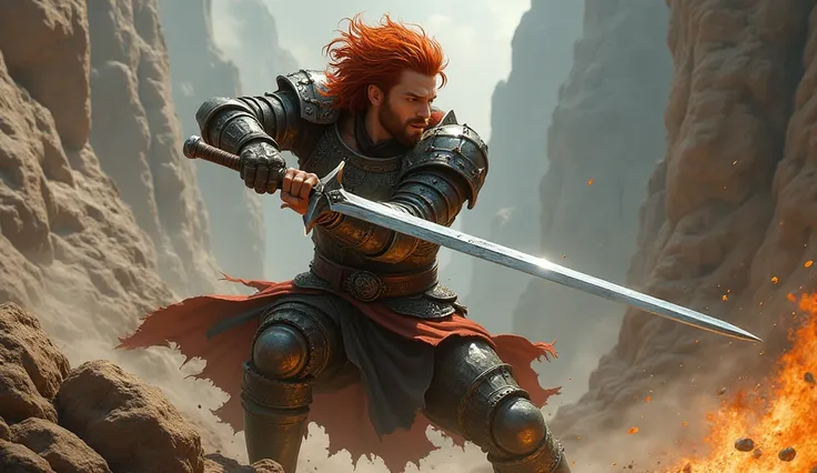 warrior man with red hair with sword in hand fighting 