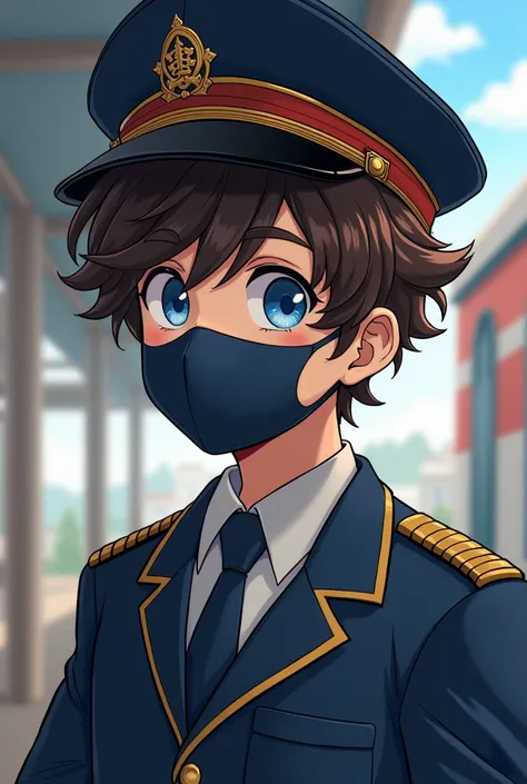 Japanese anime manga style young boy dressed in a train conductor&#39;s suit and cap with a face covered by a mask where we can see his blue eyes and his hair in the shape of large brown curls