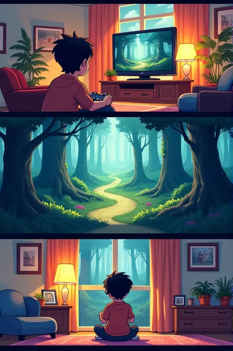 Make a picture of a comic, in the first frame it shows a person playing a video game, in the second one it shows the game he is playing( forest exploration game) on the television screen and in the third frame his mother at the door calling him for dinner