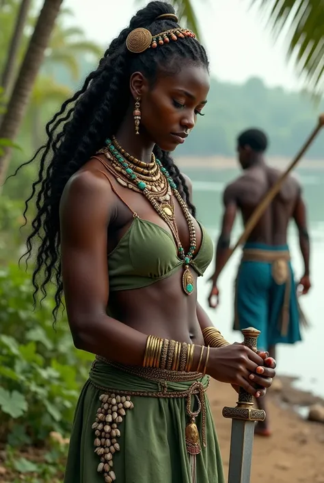 A beautiful black African woman , lush body, long hair decorated with cowries and shells, a scimitar in hand on the riverbank sharpening,  barefoot.wearing light green clothes with cowries , lots of shells and cowries to wear ,pulseiras de cobre  e pedras ...