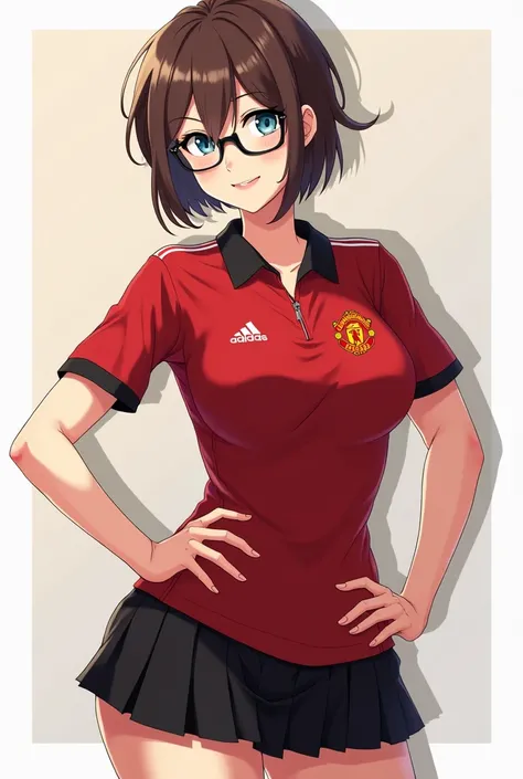 anime girl, with black glasses, short brown hair, blue eyes, beautiful face, a short black skirt, voluptuous with big breasts and big thighs , and a Cristiano Ronaldo shirt from Manchester United