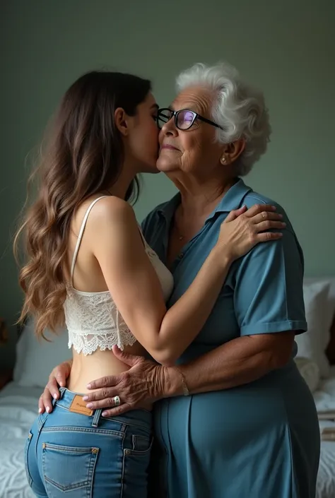 Create a photo of a 20 year old young woman, with a slender and beautiful body, wearing jeans and an open white shirt and white lace bra, with white and clear skin, with long brown hair being carried in the arms of a 90 year old elderly lady, obese with da...