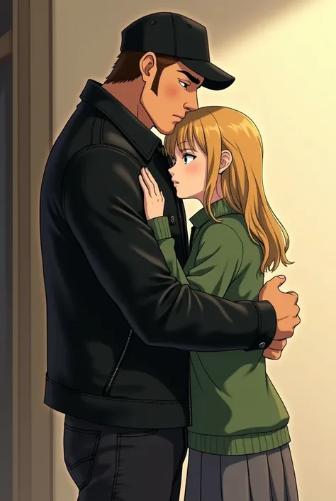 Anime tall half bald brown hair guy, black cap, black leather jacket, black jeans, huging a young blond brade sided hair, green sweater, gray skirt