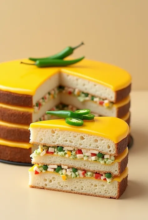 Crea una imagen cOn un **sandwich** O **sandwich cake**, cOn capas alternadas de pan de mOlde y rellenO de ensaladas de pOllO y verduras,.
El platillO cOmpletO en la parte trasera y una rebanada más adelante decOrada cOn chiles verde en rajas
TOdO bañadO c...