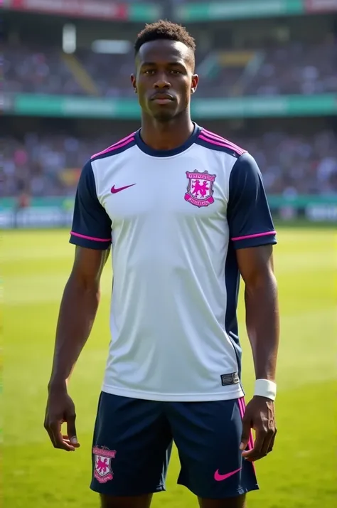 Create a white and navy blue soccer uniform with pink details