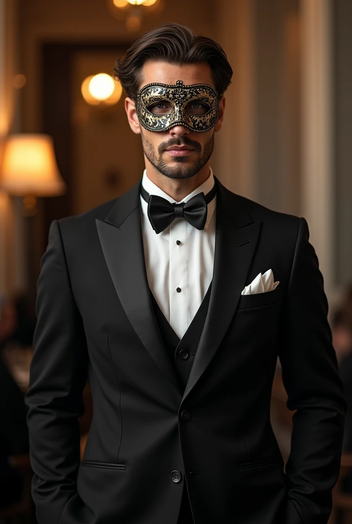 Man with brown curly hair in suit and ball mask covering his face, fully body