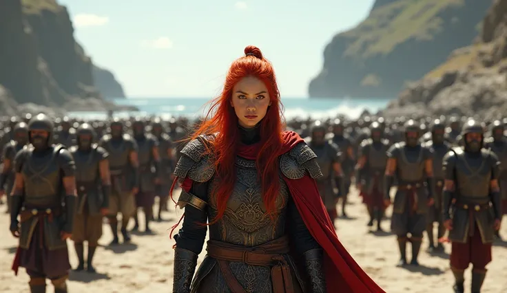 Army of warriors on the beach and a red-haired warrior in the middle 