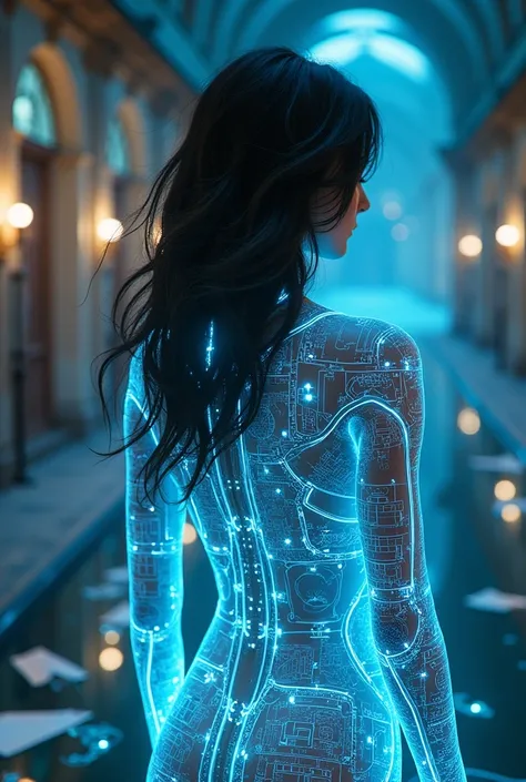 (masterpiece:1.2,Exceptional Quality,mirror-like,Cinematic Experience,Photorealistic:2.0,RAW Photos:2.0,Super detailed),8k,wallpaper,(Representing blueprints through holograms:2.0),(Beautiful woman:2.0),Female Cyborg,(Design of a Female Cyborg:2.0),(Draw t...