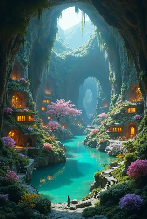 An under groud luch civilisation full with house and flower in side a butiful cave no sky glowing flower cherry blosom tree and a pond in the midle