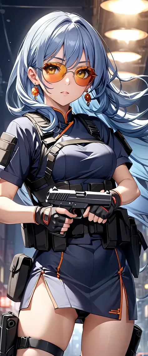 masterpiece、Highest quality、Ultra-high resolution、Maximum resolution、Very detailed、Professional Lighting、anime、Adult female、thin、so beautiful、、China dress、Chinese clothing、He has a gun、Holding a handgun in both hands、Yellow Eyes、Blue Hair、Long Wavy Hair、Ea...