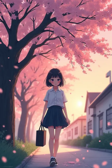 Anime, cartoon rendering, illustration,2D, 2d digital art,Fine contour lines,, sharp illustrations,break,(Eyes small;0.9),Cherry blossoms in full bloom, cherry blossom snowstorm, female student, holding student bag with both hands, break,Boyish pretty woma...