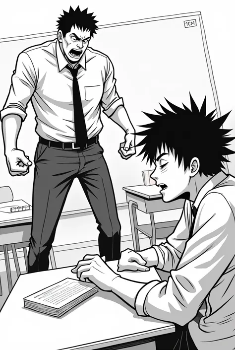 Black and white 2D anime drawing of a teacher yelling at a sleeping teenage student