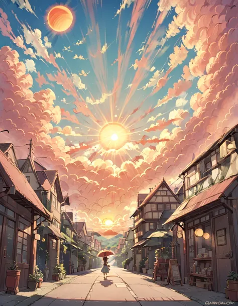 Clouds being crossed by the sun in Ghibli style