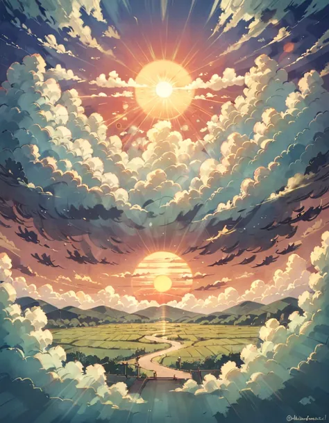 Clouds being crossed by the sun in Ghibli style