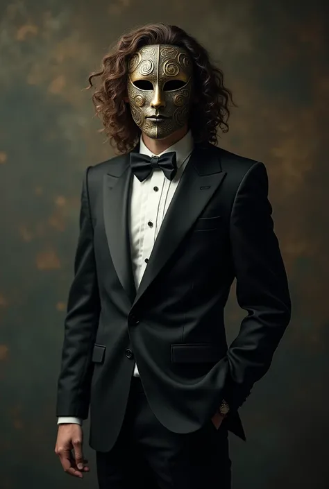 1 man with brown curly hair in suit and ball mask covering his face, fully body