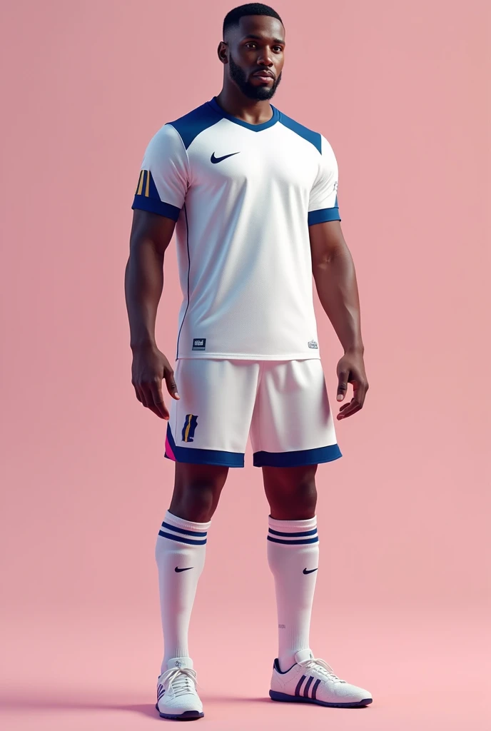 Create a white and navy blue soccer uniform, with pink and gold details