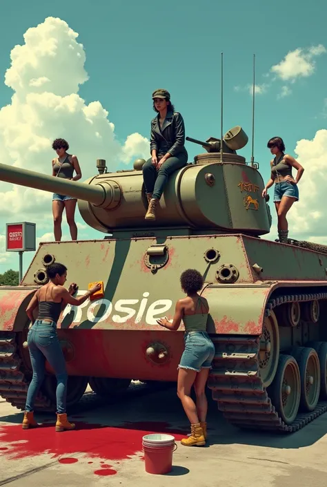 Four women are cleaning a huge, worn-out military tank covered in blood stains.. They are scattered around the machine: A woman is lying on top of the tank, Another is leaning forward cleaning one of the stains, while two more stand on the sides, working w...