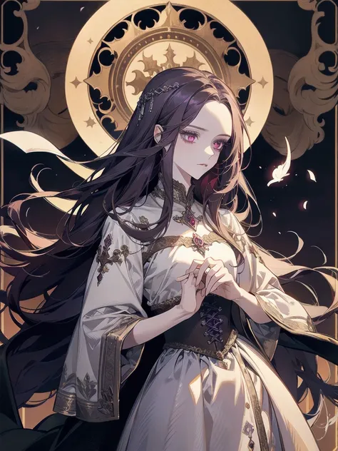 （（Highest quality））（masterpiece））（detailed）、Purple straight long hair、Very long hair、Red eyes、Beauty、middle ages、Expressionless、noble、slender、Long dress、One person