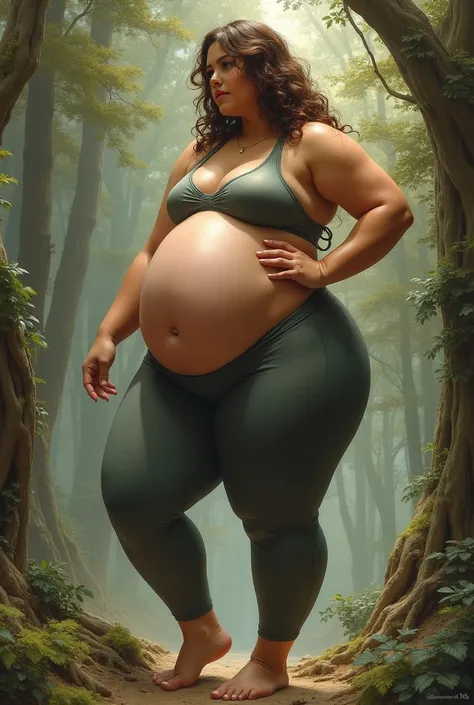 Extremely thick and curvy pregnant goddess with wide hips and thick thighs and large thick legs, and thick butt with Extremely large breasts with tight yoga pants on and no bra on sticking out her thick plump curvy round butt