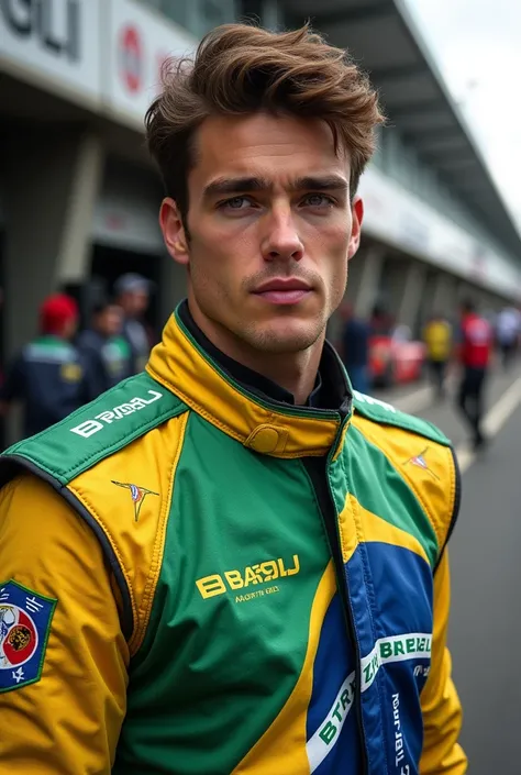 (Photorealism:1.2), Porsche Cup male driver with brown hair and eyes in front of the pitlane 8k ultra realistic write in The suits with Brazil flag