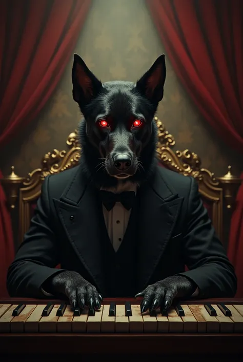 Machiavellian piano playing dog with red eyes 