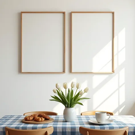 A highly realistic image of a cozy dining room with a modern Scandinavian aesthetic. A wooden table covered with a blue-and-white checkered tablecloth is set with pastries, a brown ceramic mug, and a plate on a wooden serving board. Two large, thin wooden ...