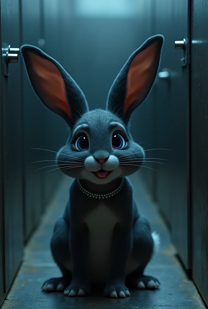 Alone, little bunny, female, dark body, Wild, Wide hips, in a reflective metal room, bright blue ears, smiling, ashamed, tail to the side, ((Focus on his legs)), looking at the viewer, SHOWING HIS TONGUE, with white tongue, beautiful dilated and detailed e...