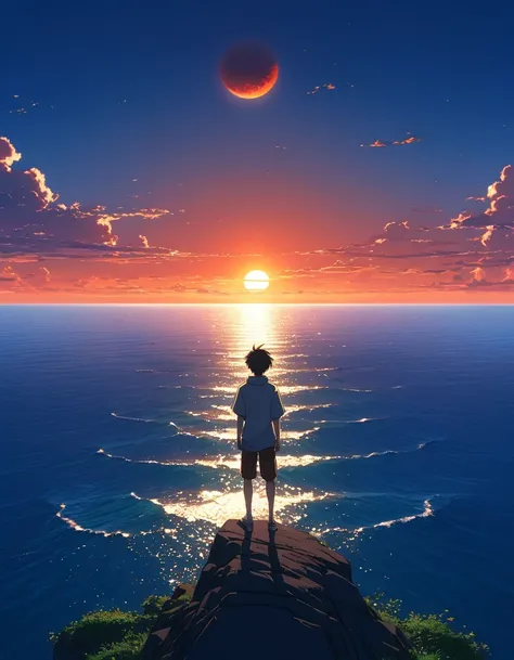 Beautiful and serene anime landscape, eclipsee   ((with clean sky bintage effect)), sunset ((without clouds)), dreamy, incredible. A boy looking towards the empty horizon, an incredible clear sky, The image shows a young male anime character contemplating ...