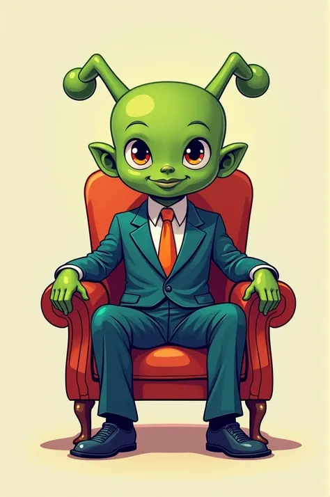 (simple background, cartoon) the element technetium dressed in a suit, sitting on a chair 