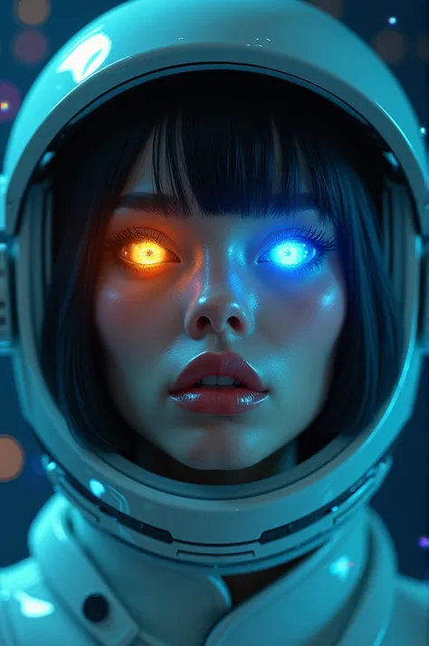 hair:1.1) (Heterochromia xanthochromia and blue eyes:1.2) (Space Helmet:1.0) (Colored stars in the eyes:1.0) (A radiant glow:1.1) (thick lips:0.9)