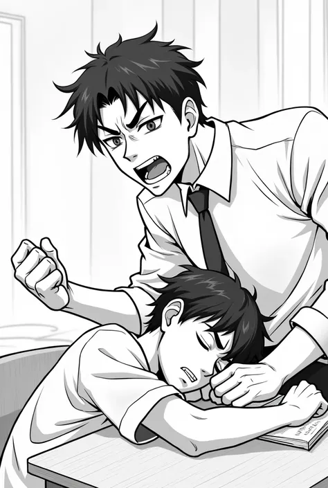 Black and white 2d anime drawing teacher yelling at sleeping teenage male student 