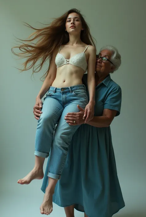 Create a photo of a 20 year old young woman, with a slender and beautiful body, wearing jeans and an open white shirt and white lace bra, with white and clear skin, with long brown hair being carried in the air in the arms of a 90 year old elderly lady, ob...