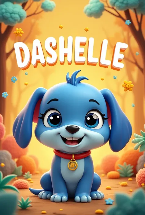 create a horizontal name tag with the name DASHELLE using the characters from the cartoon bluey