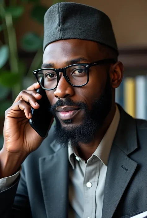 Photo 1 :  jeune homme d’affaires noirs,grand détaille ,barbu,la quarantaine,habille en képi traditionnel du Cameroun,qui est entrain de parlé au téléphone et il porte des lunettes très noir fumer