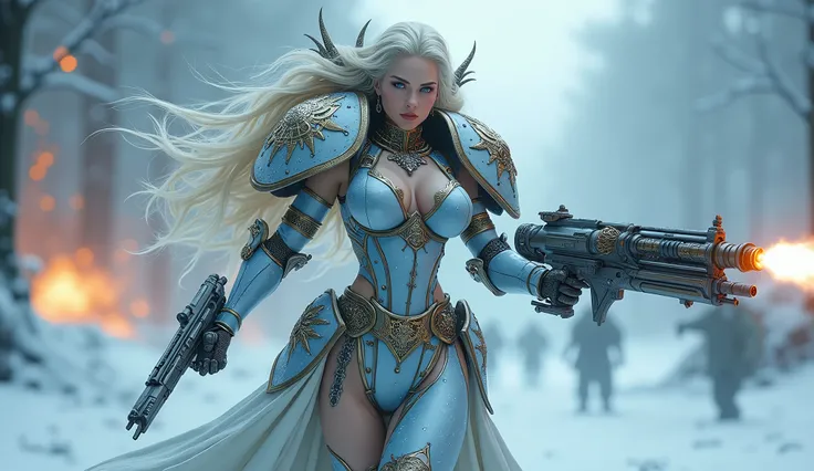 a beautiful woman with long platinum blonde hair, porcelain skin, ice blue eyes, large breast sexy sisters of battle from the warhammer 40k, shooting at the enemy, space marine armor with intricate details, religous symbols on the armor, sisters of battle,...