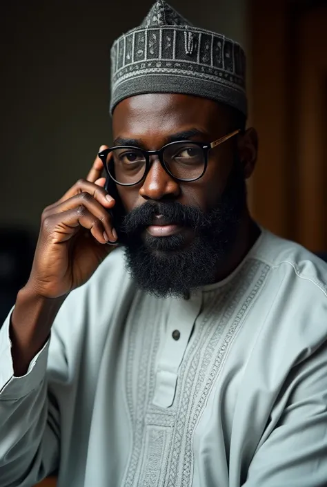 Photo 1 :  jeune homme d’affaires noirs,grand détaille ,barbu,la quarantaine,habille en habits traditionnels le képi traditionnel du Cameroun,qui est entrain de parlé au téléphone et il porte des lunettes très noir fumer