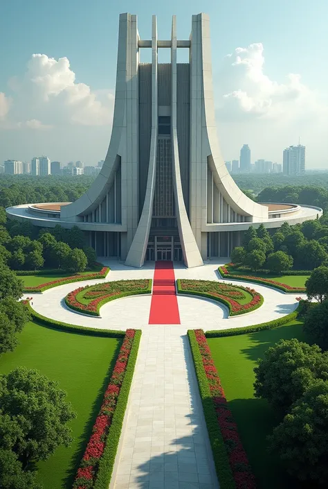 Create a very big headquarters with Singaporean architecture.The compound has grass,tarmac road and Flowers only.Nexus Global Embassy exposed on the building concrete and red carpets on the entrance I cant see the words 