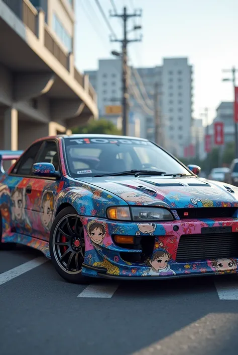 (photorealism:1.2), Subaru, impreza gc8, 1999, facelift, monsungrau, itasha, anime, sideview