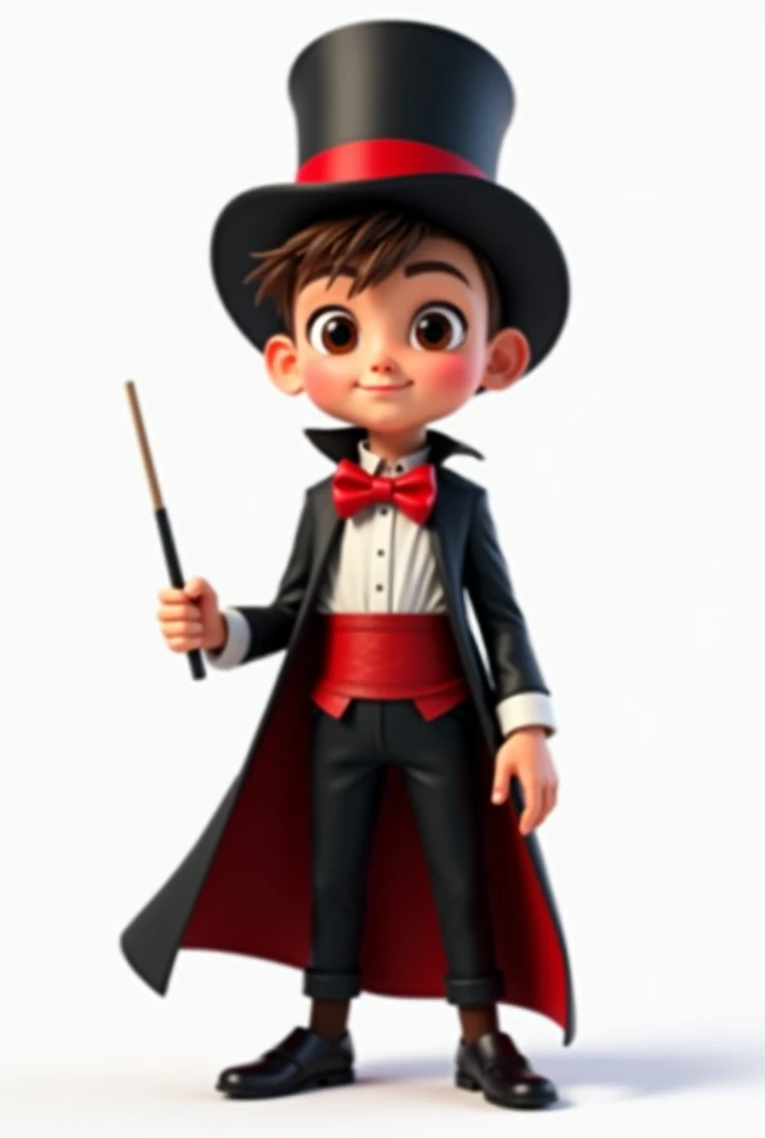 (boy with asymmetrical face, eyes and brown hair), he is dressed as a magician with: black pants, red bow tie, black cape, white shirt with a red band on his stomach, black magicians top hat on his head with a red band (smiling and with a magic wand in han...