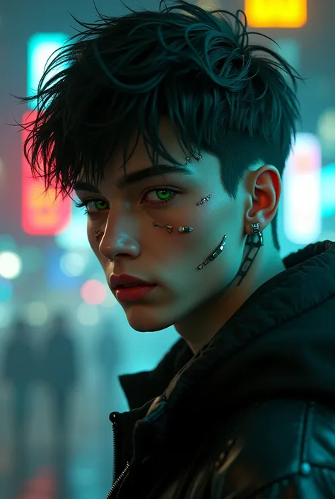 Cyberpunk style male character with green eyes and black hair, 20 year old handsome appearance 