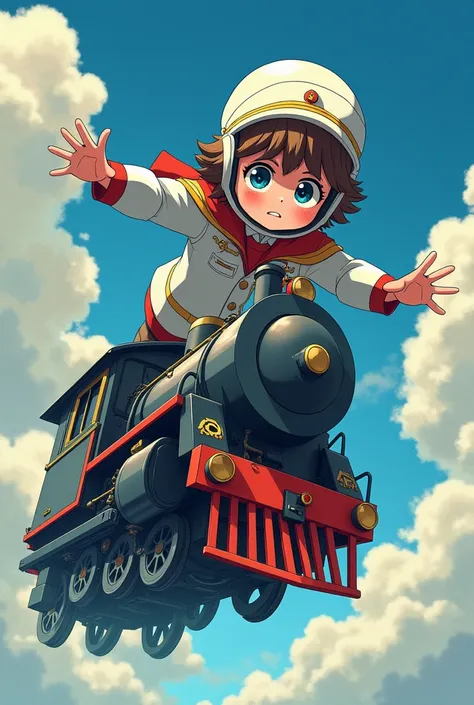 Japanese anime manga poster style mysterious young boy dressed in a Mr. Loyal costume with a face completely hidden by a white helmet and an admiral&#39;s cap as a hat where we can see his blue eyes his hair in the shape of large brown curls, the boy flyin...