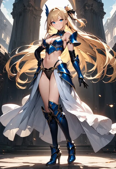 (masterpiece),(best quality),(ultra-detailed),(best illustration),(best shadow),(absurdres),(detailed background),(very aesthetic), 1girl, solo, blonde-hair, armor, blue-eyes, navel, full-body, boots, panties, high-heels, underwear, gloves, breasts, lookin...