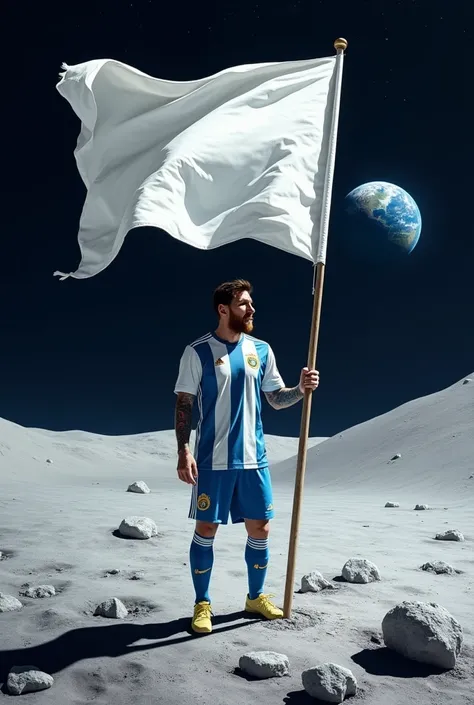 messi on the moon with a completely white flag, realist, that looks big