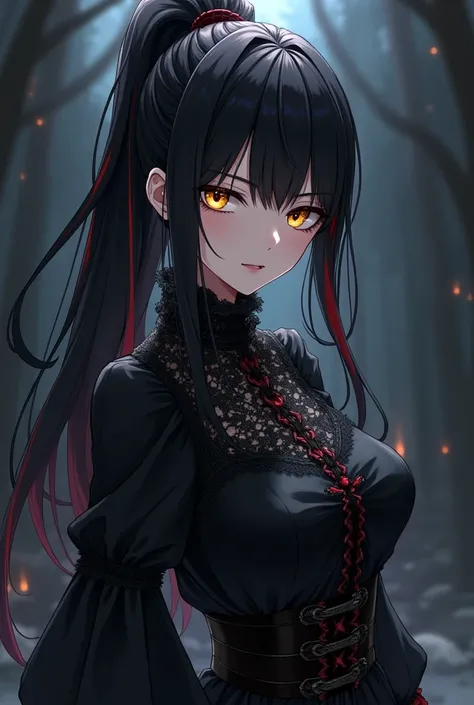 Create a character of the white male gender in anime style with long, voluminous black hair tied in a ponytail with some red streaks and yellowish eyes and more Gothic clothes..