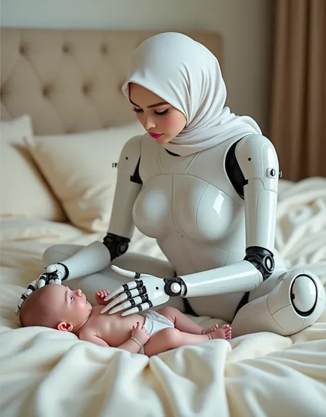 female robot wearing hijab, big breasts, pink lips, white body, robot arms, long nails, putting diaper on baby in the bed