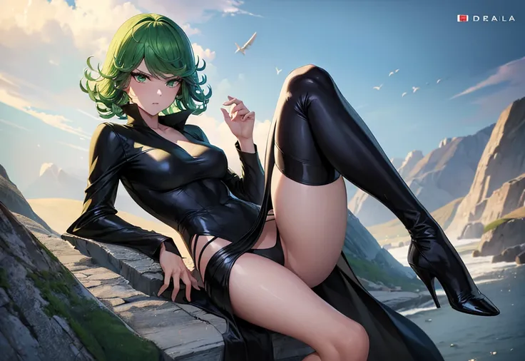 (high res, 8K, masterpiece, looking at viewer, best quality, very aesthetic, ultra detailed, ultra background, ultra Eyes) intricate details, 1girl, Tatsumaki, wearing a fitted V-neck black dress with a high collar, long trumpet sleeves, four high-cut leg ...