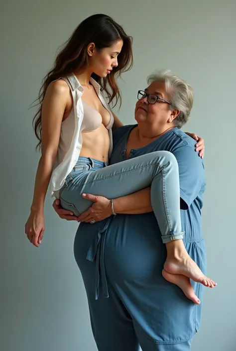 Create a photo of a 30 year old young woman, with a slender and beautiful body, wearing jeans and an open white shirt and is braless, with white and clear skin, with long brown hair and being picked up and carried in the arms of a 90 year old elderly lady,...